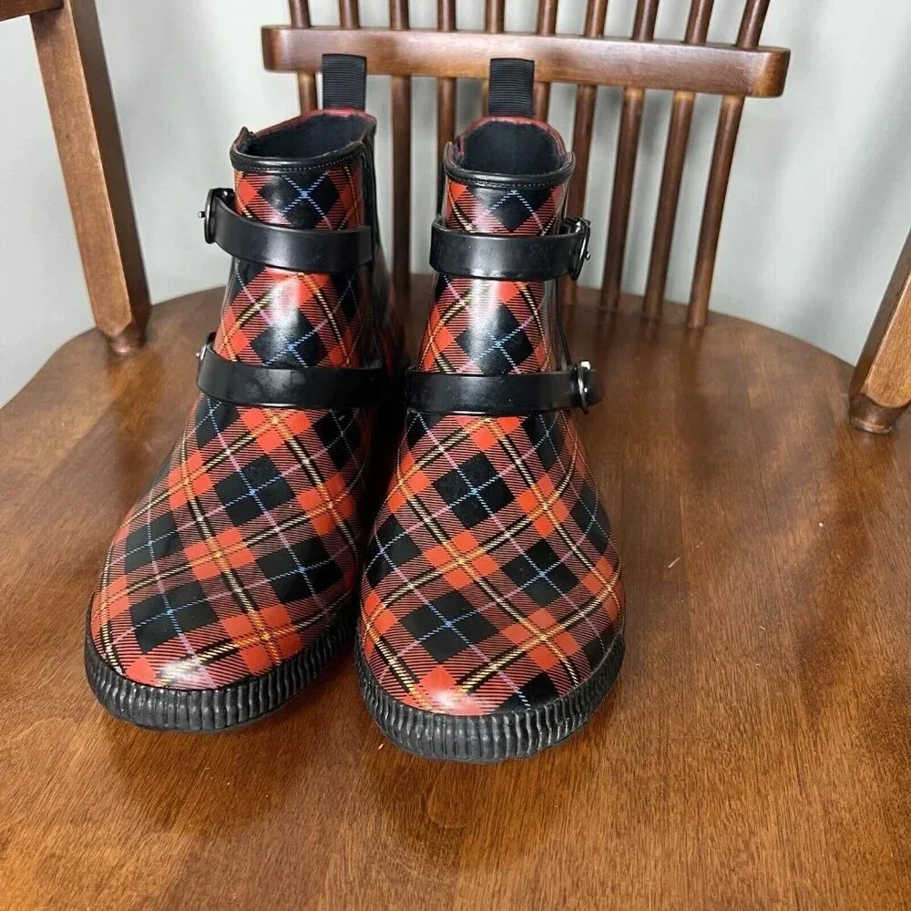 Cougar Royale Red Plaid Rain Boots Hand Crafted Fall Autumn Booties Sz 8 - Picture 5 of 9